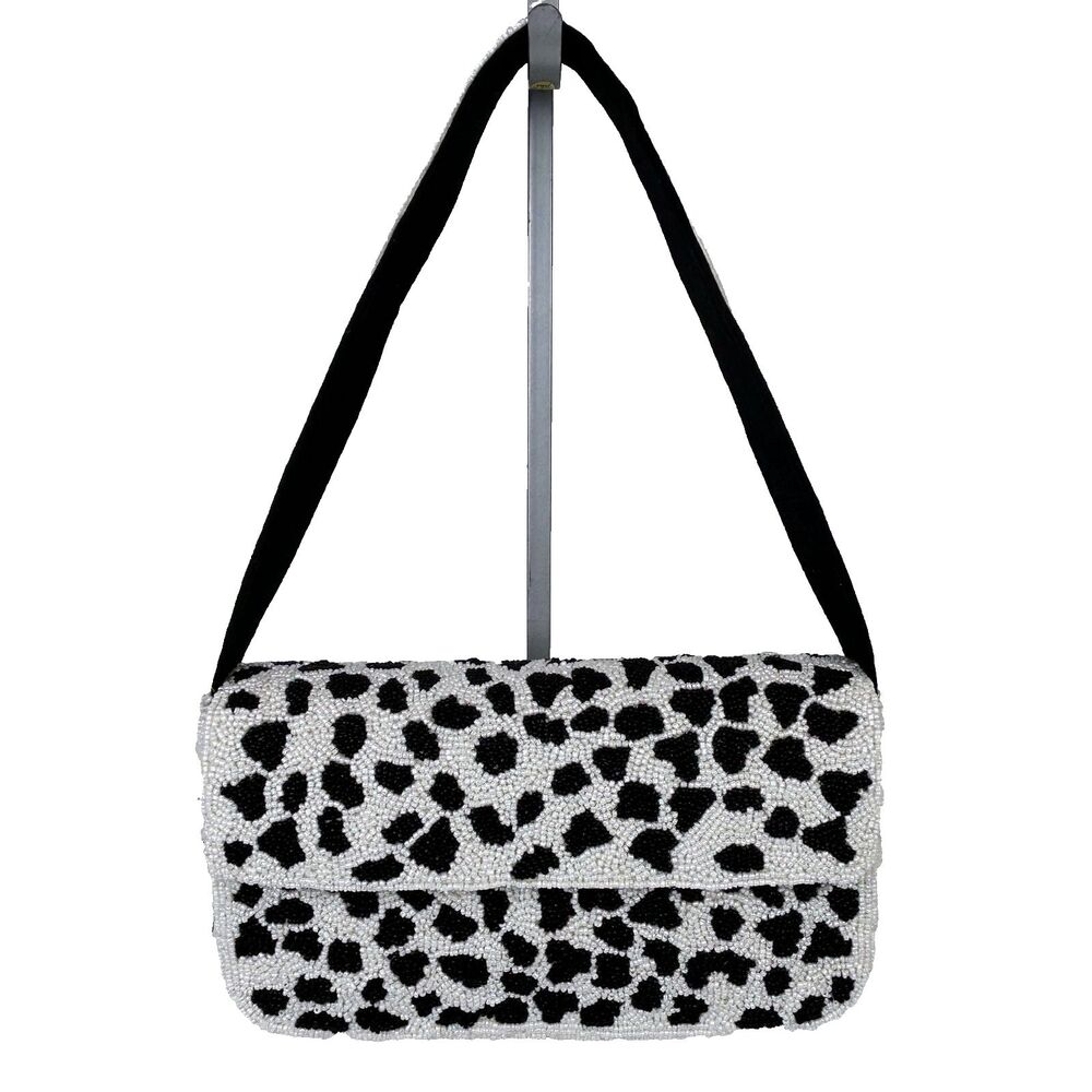 NWT America & Beyond Dalmatian Spotted Beaded Shoulder Bag Black & White Purse